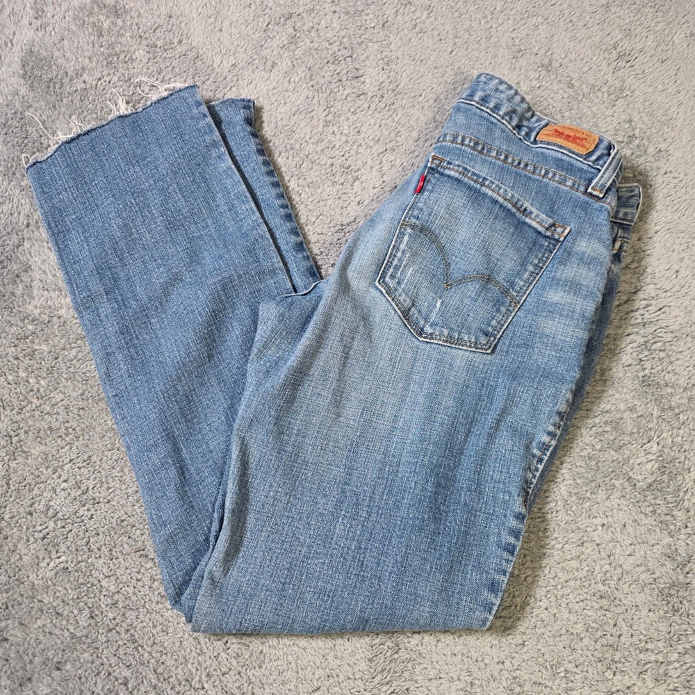 Levi's Womens 8 L/C 552 Mid Rise Straight Jeans Blue Raw Hem Medium Wash Stretch